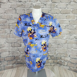 Disney Halloween Scrub Medical Top VNeck Pockets Blue Size  Small